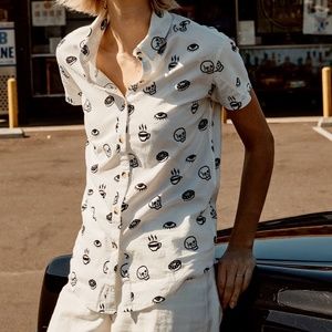 Funky Short Sleeve Button-up Shirt | Skulls, Coffee, Doughnuts, and Eyes